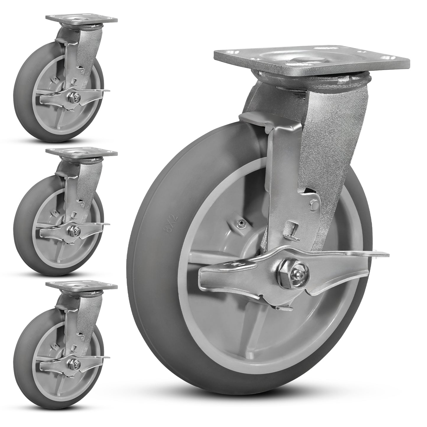 Crowned Thermoplastic Rubber Caster Wheels,2000lbs Capacity Set of 4,Industrial casters for Drywall/Sheetrock Carts & Dollies, 2 Brake & 2 Rigid