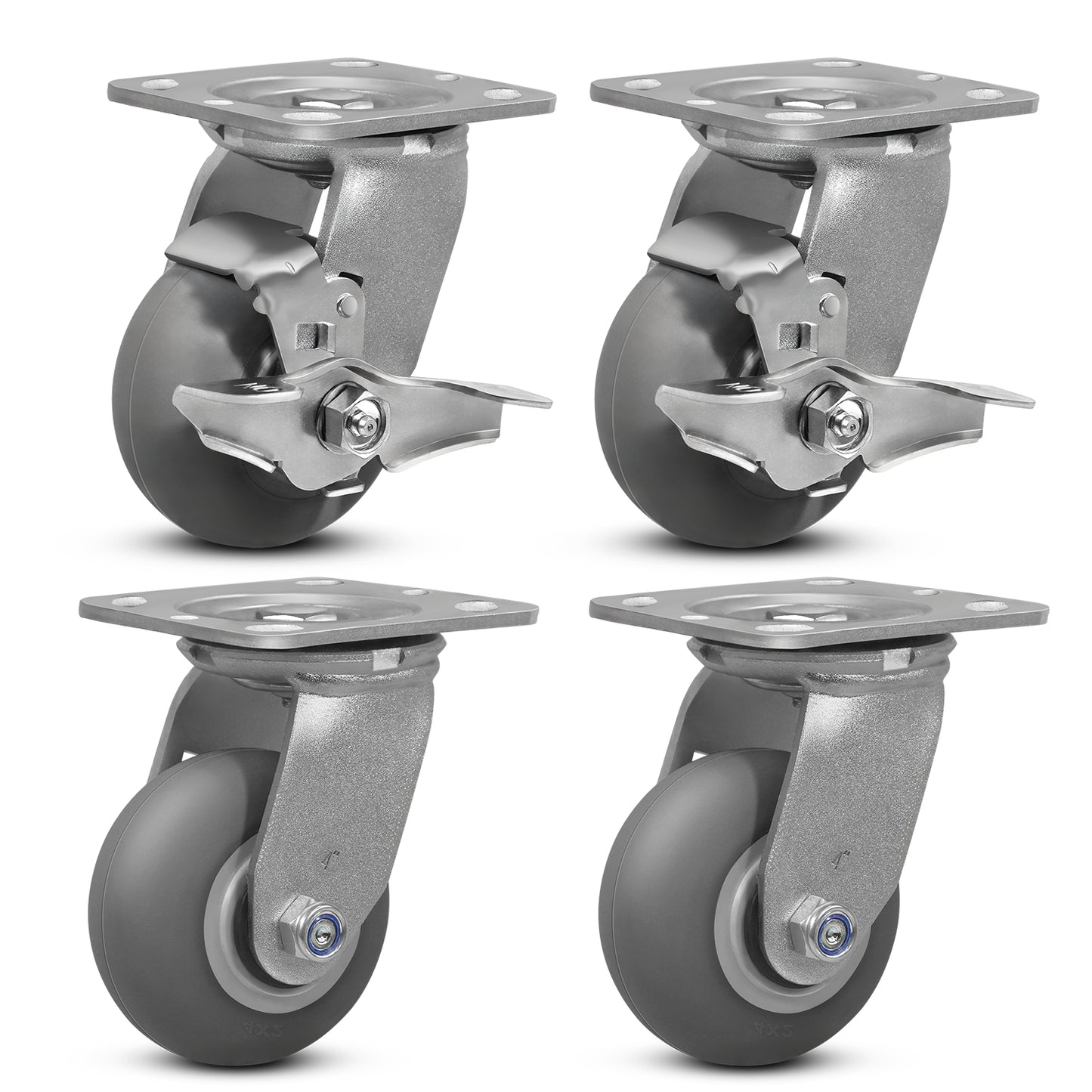 Crowned Thermoplastic Rubber Caster Wheels,2000lbs Capacity Set of 4,Industrial casters for Drywall/Sheetrock Carts & Dollies, 2 Brake & 2 Rigid