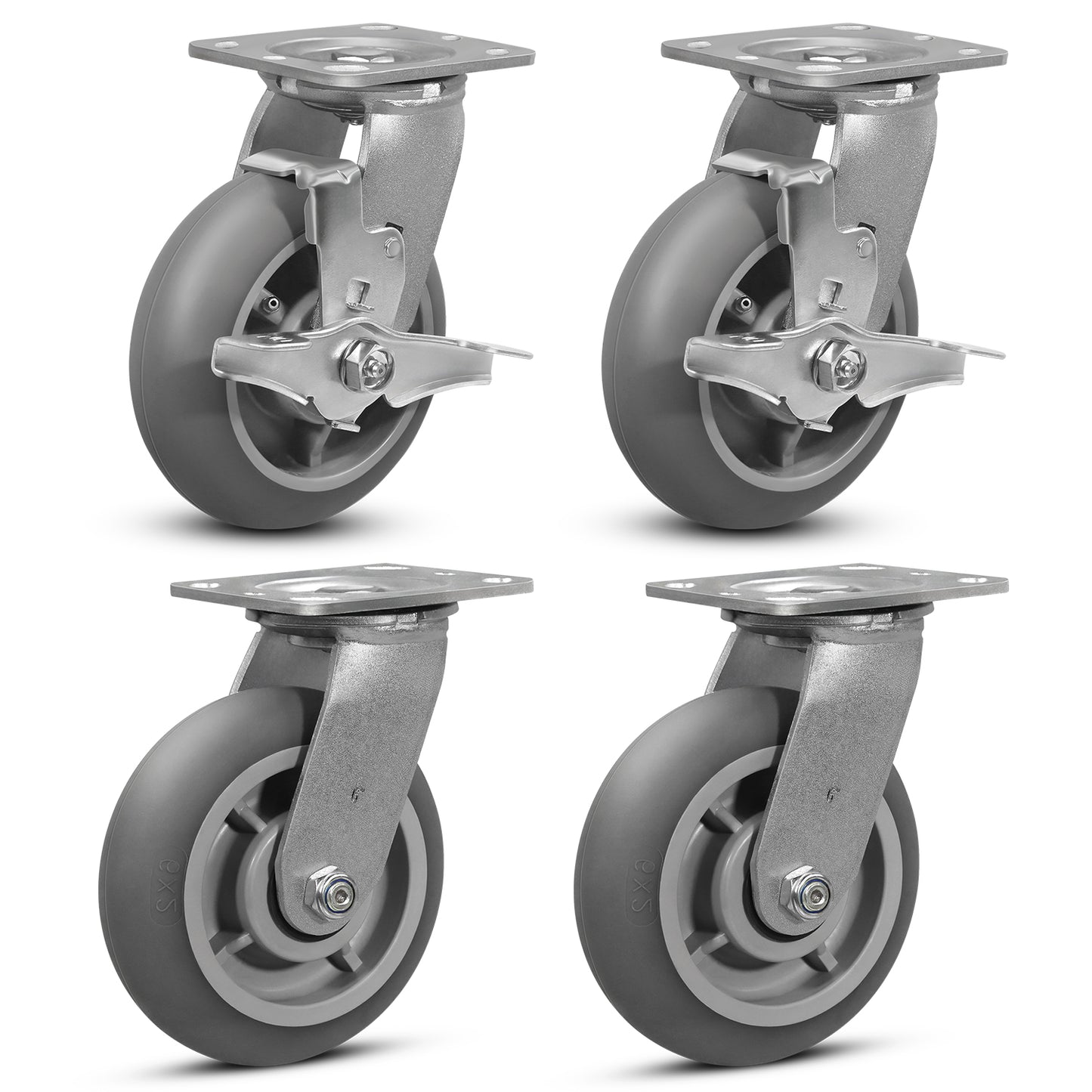 Crowned Thermoplastic Rubber Caster Wheels,2000lbs Capacity Set of 4,Industrial casters for Drywall/Sheetrock Carts & Dollies, 2 Brake & 2 Rigid