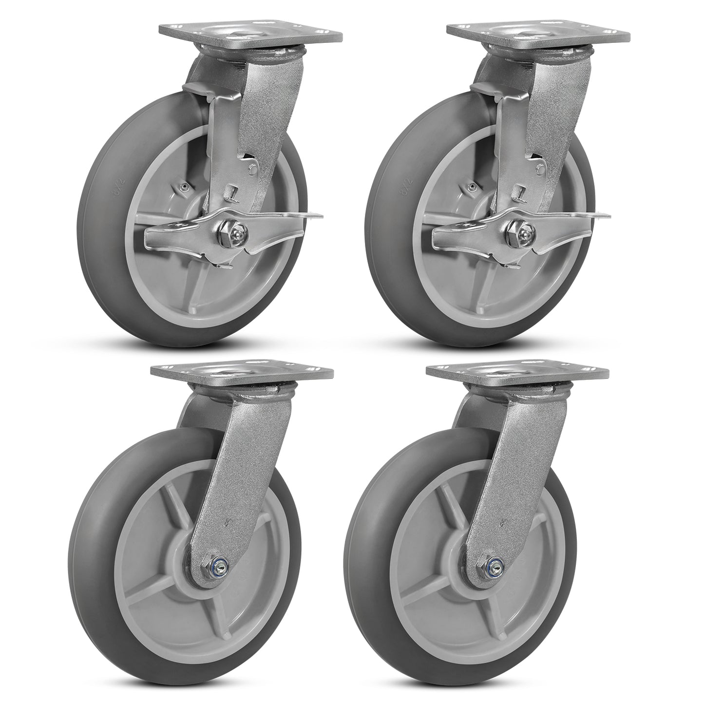 Crowned Thermoplastic Rubber Caster Wheels,2000lbs Capacity Set of 4,Industrial casters for Drywall/Sheetrock Carts & Dollies, 2 Brake & 2 Rigid