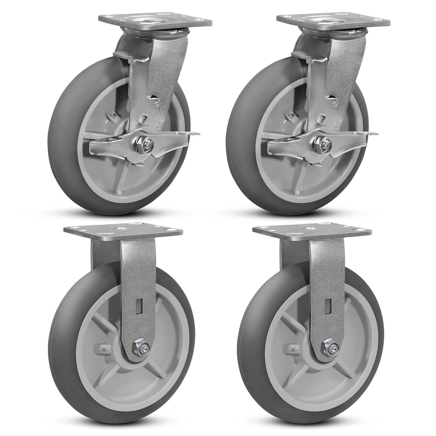 Crowned Thermoplastic Rubber Caster Wheels,2000lbs Capacity Set of 4,Industrial casters for Drywall/Sheetrock Carts & Dollies, 2 Brake & 2 Rigid