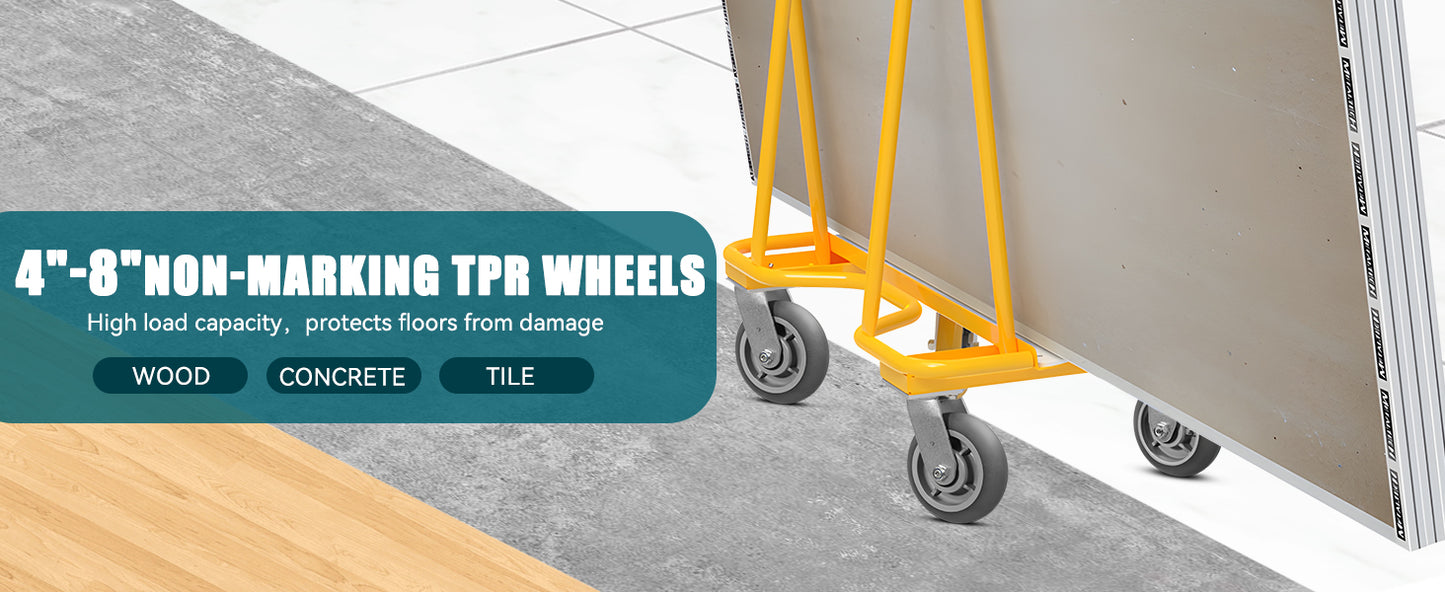 Crowned Thermoplastic Rubber Caster Wheels,2000lbs Capacity Set of 4,Industrial casters for Drywall/Sheetrock Carts & Dollies, 2 Brake & 2 Rigid