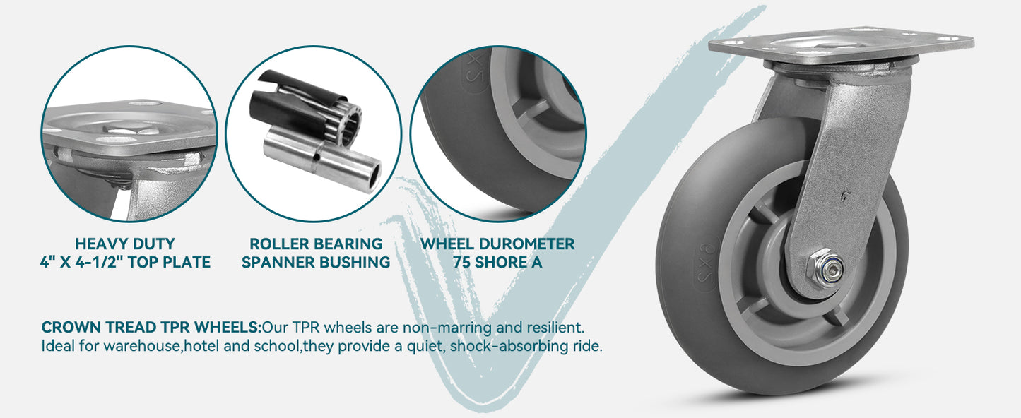 Crowned Thermoplastic Rubber Caster Wheels,2000lbs Capacity Set of 4,Industrial casters for Drywall/Sheetrock Carts & Dollies, 2 Brake & 2 Rigid