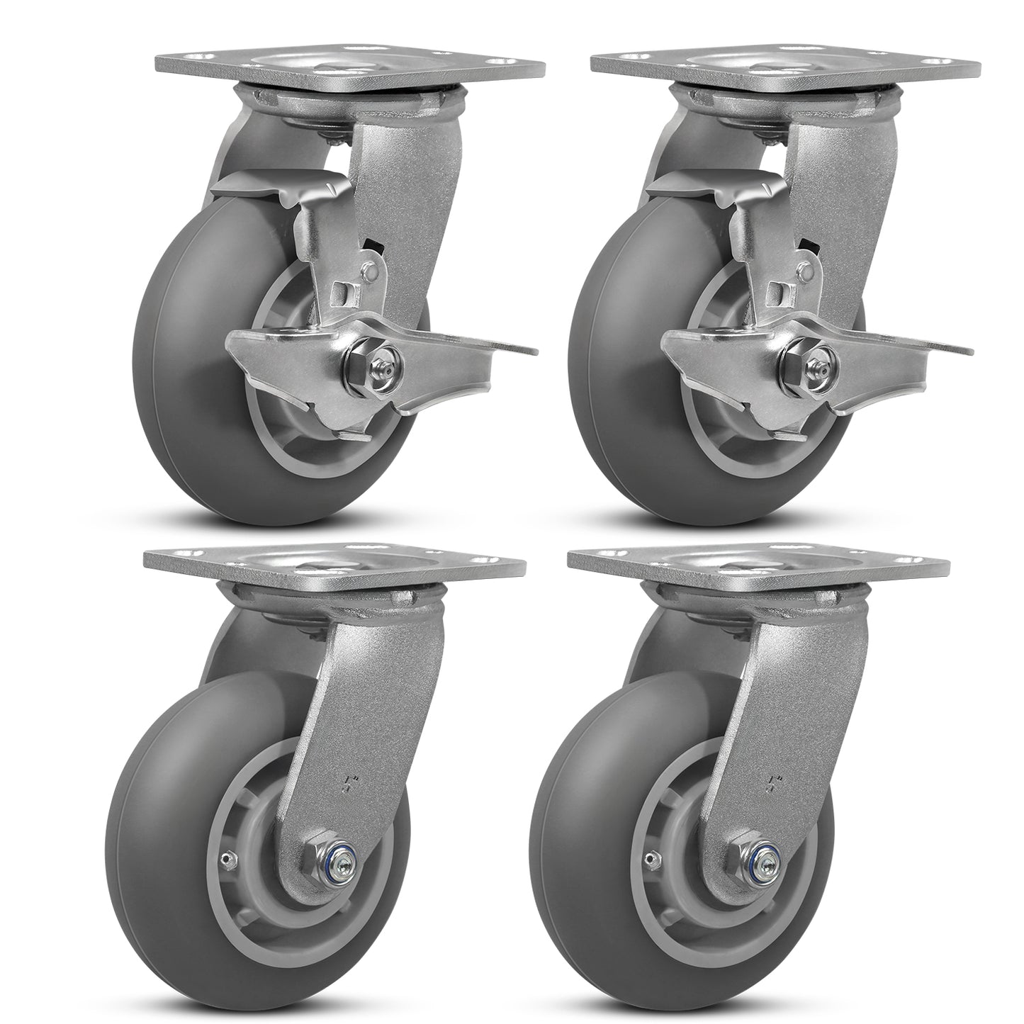 Crowned Thermoplastic Rubber Caster Wheels,2000lbs Capacity Set of 4,Industrial casters for Drywall/Sheetrock Carts & Dollies, 2 Brake & 2 Rigid