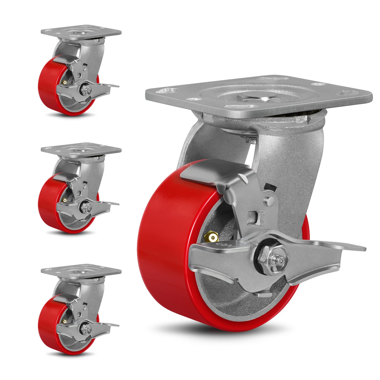 Mold on Polyurethane Cast Iron Core Wheel Heavy Duty Caster Red