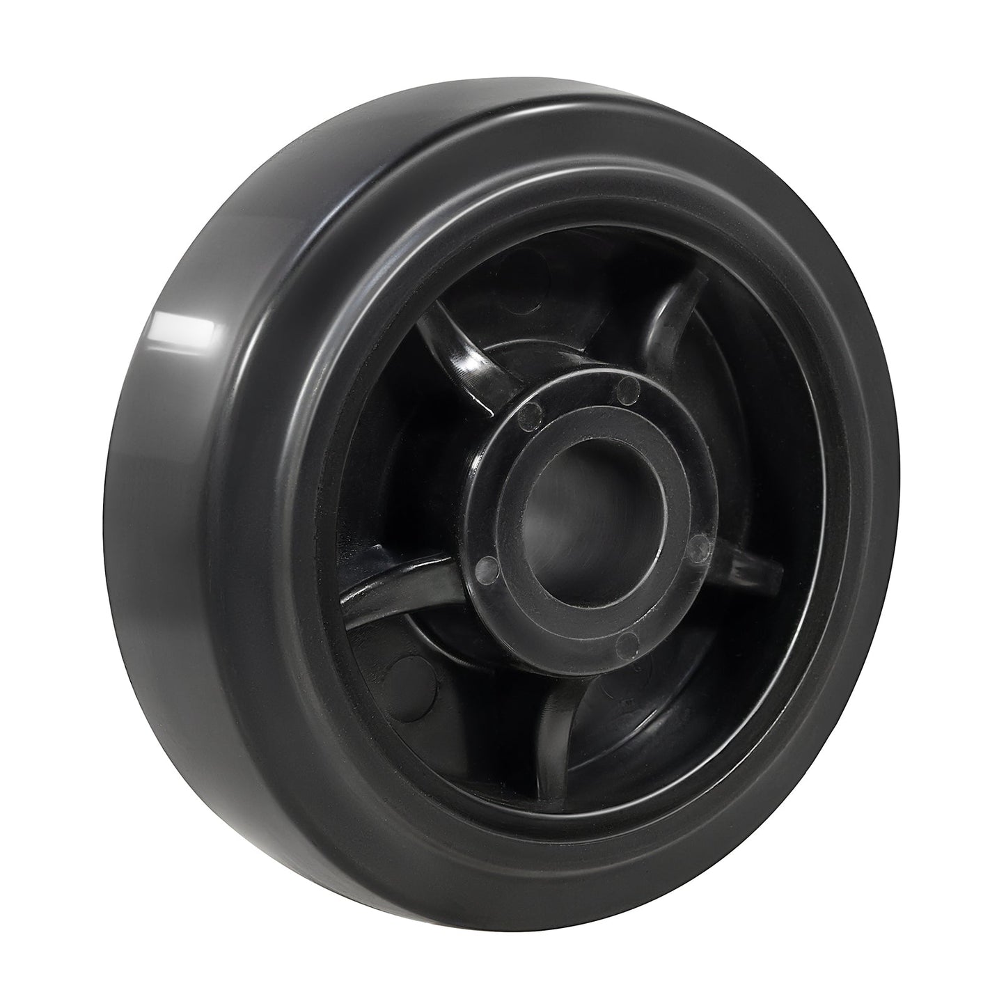 Thermoplastic Rubber Tread specially bonded to a high-impact glass-filled nylon core, 1-3/16"bore, Floor protective and helps absorb shocks,load capacity same as Rubber cast iron wheel, durometer: 80 Shore A(+-5), temperature range:-40 F to +180 F